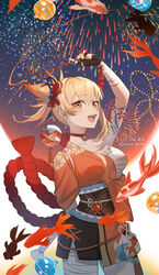  :d arm_behind_back arm_tattoo arm_up bandaged_arm bandaged_hand bandaged_leg bandages blonde_hair breasts brown_eyes bug butterfly choker cleavage collarbone cowboy_shot dated female fireworks genshin_impact hair_between_eyes half_updo highres japanese_clothes jewelry kimono long_hair medium_breasts miz_(mi) nail_polish open_mouth orange_kimono pendant red_choker red_nails sarashi smile solo standing tattoo twitter_username yoimiya_(genshin_impact) 