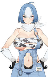  absurdres ahoge animal_print bandages bandana bandeau bare_shoulders black_gloves black_panties blue_eyes blue_hair breasts character_request chest_sarashi chinese_commentary clothing_cutout commentary_request copyright_request cow_print cowboy_shot female gebijiade_89 gloves hands_on_own_hips highres light_blush looking_at_viewer multicolored_hair navel navel_cutout overalls panties sarashi short_hair simple_background skindentation smile solo standing stomach stomach_cutout strapless tube_top two-tone_hair underwear white_background white_bandana white_hair 