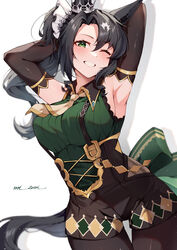  absurdres animal_ears armpits arms_up artist_name black_gloves black_hair blush breasts commentary elbow_gloves female gloves green_eyes grin highres horse_ears horse_girl horse_tail looking_at_viewer medium_breasts misoni_(mi_so_ni_t) one_eye_closed pantyhose satono_crown_(umamusume) sideboob simple_background sleeveless smile solo tail umamusume white_background 