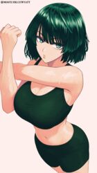  arm_across_chest biker_clothes breasts cleavage cross-body_stretch english_commentary female fubuki_(one-punch_man) green_eyes green_hair green_shorts green_sports_bra highres large_breasts looking_at_viewer mostlybluewyatt navel one-punch_man short_hair shorts simple_background solo sports_bra sweat twitter_username white_background 