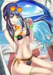  :d alternate_costume ankle_strap barefoot beach beach_mat bikini black_bikini black_hair blue-tinted_eyewear blue_eyes blue_hair blue_sky blunt_bangs bottle bracelet breasts breasts_apart cleavage cloud collarbone colored_inner_hair commentary_request day eyewear_on_head facial_mark fate/grand_order fate_(series) feet female floating_hair groin happy highleg highleg_bikini holding holding_bottle horizon inugami86 jewelry linea_alba long_hair looking_at_viewer lotion lower_teeth_only medium_breasts multicolored_hair narrow_waist navel ocean open_mouth orange-tinted_eyewear outdoors palm_tree pulling_own_clothes rock round_eyewear side-tie_bikini_bottom sidelocks sitting skindentation sky smile solo strap_pull streaked_hair sunglasses sunscreen swimsuit teeth tenochtitlan_(fate) thigh_strap thighs tinted_eyewear toned tree untied_bikini untying very_long_hair wariza water 