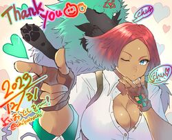  1other arrow_(symbol) blue_eyes breasts brown_gloves chikoinochi cleavage dark-skinned_female dark_skin facial_mark female finger_gun fingerless_gloves giovanna_(guilty_gear) gloves green_fur guilty_gear guilty_gear_strive highres jujutsu_kaisen large_breasts lips no_pupils one_eye_closed parody partially_unbuttoned pointing recycling_symbol red_hair rei_(guilty_gear) scene_reference shirt short_hair suspenders white_shirt wolf 