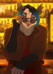  alcohol anthro bar beverage blue_hair clothing eyewear fleki fur grey_body grey_fur hair hi_res jacket kalus looking_at_viewer male smile smiling_at_viewer smirk smirking_at_viewer solo sunglasses topwear 