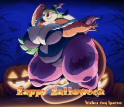  2023 anthro belly big_breasts breasts capcom cosplay darkstalkers digital_media_(artwork) ellie_(xxsparcoxx) english_text female food fruit fur green_hair hair halloween hand_behind_head hi_res holidays huge_breasts huge_thighs jack-o&#039;-lantern mammal morrigan_aensland multicolored_body multicolored_fur night obese obese_anthro obese_female overweight overweight_anthro overweight_female plant pumpkin rodent sciurid solo text thick_thighs tree tree_squirrel two_tone_body two_tone_fur xxsparcoxx 