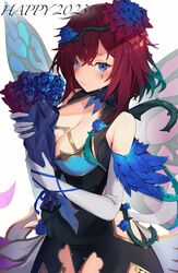  2023 absurdres bare_shoulders black_dress blue_eyes blue_flower blue_rose blush bouquet breasts cleavage commentary commission dress e_buki elbow_gloves english_commentary english_text facial_mark fairy_wings female fire_emblem fire_emblem_heroes flower gloves hair_flower hair_ornament hair_vines highres holding holding_bouquet large_breasts looking_at_viewer official_alternate_costume plant red_hair rose short_hair sleeveless sleeveless_dress solo triandra_(fire_emblem) triandra_(reverent_dream)_(fire_emblem) vines white_gloves wings 