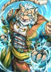  anthro blue_background blue_eyes fist gunka0111 hi_res lin_hu looking_at_viewer male nekojishi simple_background solo studio_klondike wind 