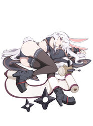  absurdres animal_ears ass black_footwear black_panties black_shirt black_thighhighs boots crop_top female high_heel_boots high_heels highres kunai legs long_hair lying ninja no_pants on_side original panties rabbit_ears rabbit_girl rabbit_tail scroll shirt shuriken solo tail thighhighs thighs toombo12 underwear weapon white_hair 