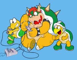  anthro bowser claws clothing controller electronics footwear game_controller gaming group hair hammer_bro hi_res horn koopa koopa_troopa male mario_bros nintendo open_mouth playing_video_game red_hair reptile scalie scottforester17 shell shoes simple_background sitting spikes spikes_(anatomy) super_nintendo super_nintendo_controller teeth trio turtle yellow_body 