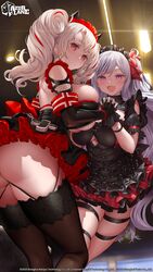  2girls absurdres arched_back ass azur_lane black_dress black_gloves blurry blurry_background breasts clothing_cutout commentary copyright_name cross dress elbe_(azur_lane) elbe_(time_to_show_off?)_(azur_lane) english_commentary fingerless_gloves frills from_behind from_side gloves grey_hair highres holding_hands indoors interlocked_fingers iron_cross large_breasts long_hair looking_at_viewer multicolored_hair multiple_girls oerba_yun_fang official_alternate_costume official_art open_mouth parted_bangs prinz_adalbert_(after-hours_service)_(azur_lane) prinz_adalbert_(azur_lane) purple_eyes red_eyes red_ribbon ribbon second-party_source skin_fang smile streaked_hair thigh_strap thighhighs twintails twisted_torso underboob underboob_cutout uo_denim very_long_hair white_hair 