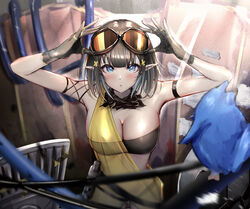  arknights arm_strap arms_up bandeau bare_shoulders bird black_hair blue_eyes bob_cut breasts bright_pupils cleavage commentary_request dress eunectes_(arknights) female gloves goggles goggles_on_head grey_gloves high_priest_(arknights) highres large_breasts looking_at_viewer poni_(poni_arknights) see-through short_hair single-shoulder_dress strapless tube_top upper_body white_pupils yellow_dress 