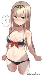  absurdres adapted_costume bikini black_bikini black_ribbon blonde_hair blunt_bangs breasts cowboy_shot cropped_legs female front-tie_bikini_top front-tie_top green_eyes hair_ribbon highres kantai_collection long_hair medium_breasts official_alternate_costume one-hour_drawing_challenge poi ribbon simple_background solo speech_bubble swimsuit the_second_form white_background yuudachi_(kancolle) 