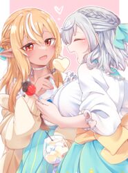  alternate_costume blonde_hair blush bow breasts cleavage commentary_request couple dark-skinned_female dark_elf dark_skin elf feeding grey_hair hairbow highres hololive large_breasts long_hair medium_hair multicolored_hair multiple_girls open_mouth pointy_ears red_eyes shiranui_flare shirogane_noel sidelocks smile starblame streaked_hair virtual_youtuber wavy_hair white_hair yuri 