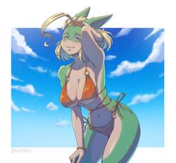  ahoge animal_ears bikini blonde_hair blue_eyes blue_sky boku_no_hero_academia border bracelet breasts cleavage colored_skin female furrholic furry green_skin hairband hand_on_own_thigh huge_ahoge ippan_josei jewelry large_breasts leaning_forward looking_at_viewer medium_hair multicolored_skin navel o-ring o-ring_bikini outside_border red_bikini red_hairband sky smile snout solo spaghetti_strap strap_gap swimsuit thick_eyelashes two-tone_skin underboob white_border 