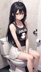  ahoge ai-generated asus bare_arms bathroom black_eyes black_hair black_tank_top breasts cleavage closed_mouth clothes_writing feet_out_of_frame female frown hair_between_eyes highres indoors looking_at_viewer non-web_source original pleated_skirt print_tank_top sitting skirt solo tank_top tile_floor tile_wall tiles toilet toilet_paper v_arms white_skirt 