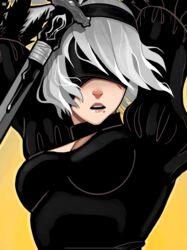  2b_(nier:automata) arms_up black_blindfold black_dress black_hairband blindfold breasts cleavage_cutout clothing_cutout commentary dress english_commentary facing_viewer female hairband highres kayla_speciale mole mole_under_mouth nier:automata nier_(series) parted_lips puffy_sleeves short_hair solo upper_body white_hair yellow_background 