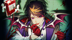  13_(bbr584607091) 1boy black_hair blonde_hair blood blood_bag blood_splatter commentary gloves green_background highres intravenous_drip jacket long_sleeves looking_at_viewer male_focus multicolored_hair nijisanji nijisanji_en paper_doll purple_eyes purple_hair red_gloves shadow shu_yamino shu_yamino_(1st_costume) sidelocks solo stethoscope symbol-only_commentary tongue tongue_out upper_body virtual_youtuber white_jacket yaminion_(shu_yamino) 