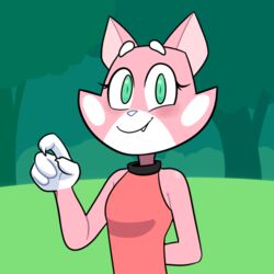  1:1 anthro blush claws clothing collar colored_line_art domestic_cat dress felid feline felis female forest fur green_eyes hitsuji looking_at_viewer mammal pink_body pink_fur plant shima_luan simple_background solo spots super_planet_dolan tree white_spots 