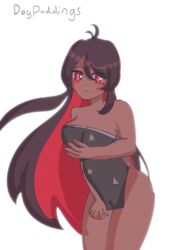  alternate_costume black_towel covering_privates dark-skinned_female dark_skin dogpuddings female frown highres lunime non-web_source nude_cover self-upload solo towel white_background 