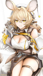  animal_ears arknights bare_shoulders black_skirt blonde_hair breasts cleavage clipboard cowboy_shot dorothy_(arknights) ear_tag female gloves hat highres holding holding_clipboard large_breasts miniskirt mouse_ears mouse_girl official_art rhine_lab_logo shirt skindentation skirt solo thighs white_hat white_shirt yellow_eyes yellow_gloves yokaze_(yokajie) 