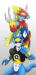  abs absurd_res accessory alternate_costume anthro bandai_namco black_clothing blue_body blue_skin claws clothed clothing clothing_swap crop_top crossover dated digimon digimon_(species) digital_media_(artwork) duo flame_pattern flamedramon generation_8_pokemon gloves half_body handwear headband headgear headwear hi_res horn inteleon lizard looking_at_viewer male markings mask metrosaurus nintendo orange_clothing pokemon pokemon_(species) red_clothing red_eyes reptile scalie shirt signature simple_background smile tail topwear veemon white_markings wristband yellow_eyes yellow_markings 