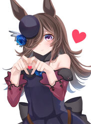  absurdres animal_ears artist_name bare_shoulders blue_flower blue_rose blurry bow breasts brown_hair closed_mouth commentary_request depth_of_field dress female flower fur_choker hair_over_one_eye hands_up happy_valentine hat hat_flower heart heart_hands highres horse_ears horse_girl kaoru_(h8qm9) long_hair long_sleeves looking_at_viewer off-shoulder_dress off_shoulder purple_dress purple_eyes purple_hat rice_shower_(umamusume) rose small_breasts smile solo umamusume upper_body watermark 