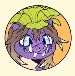  anthro blue_eyes crocodilian icon kaprosuchus kingkapro male piercing plant plant_hair pseudo_hair purple_body reptile scalie solo teeth water_lettuce 