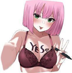  :p blurry blush bob_cut body_writing bra breasts brown_bra cleavage closed_mouth collarbone commentary depth_of_field eyelashes female fingernails flirting floral_print green_eyes hair_between_eyes heart highres holding holding_marker looking_at_viewer marker medium_breasts naughty_face oerba_yun_fang pink_hair rose_print selfie short_hair simple_background smile solo tanikaze_amane tenshi_souzou_re-boot! tft_(tft7822) tongue tongue_out tsurime underwear upper_body v white_background yes 