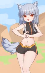  :d absurdres animal_ears bare_shoulders black_shorts day feet_out_of_frame female fist_in_hand highres ju_ge looking_at_viewer midriff navel orange_eyes original outdoors short_shorts shorts sleeveless smile solo tail wolf_ears wolf_tail 