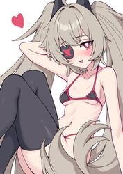  absurdres arm_behind_head bikini black_bikini black_thighhighs blush breasts brown_hair djmax eyepatch fail_(djmax) female heart highres knees_up long_hair looking_at_viewer metaljelly micro_bikini open_mouth red_eyes simple_background sitting small_breasts smile solo swimsuit thighhighs twintails very_long_hair white_background 