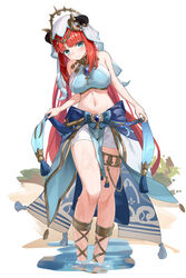  absurdres alternate_breast_size bare_arms bare_shoulders blue_eyes blue_skirt breasts brooch commentary_request crop_top fake_horns female freeeeeeeeeee genshin_impact highres horns jewelry large_breasts long_hair looking_at_viewer midriff navel neck_ring nilou_(genshin_impact) red_hair short_shorts shorts simple_background skirt sleeveless smile solo standing stomach thighlet thighs veil very_long_hair white_background white_shorts 