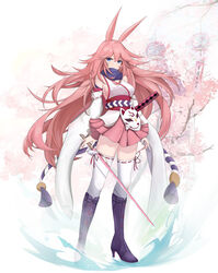  absurdres animal_ears bare_shoulders blue_eyes boots branch breasts cherry_blossoms closed_mouth detached_sleeves female fox_ears fox_mask full_body high_heel_boots high_heels highres holding holding_sword holding_weapon honkai_(series) honkai_impact_3rd japanese_clothes kaerbin katana kimono knee_boots long_hair looking_at_viewer mask miko nontraditional_miko obi pink_hair pink_skirt pleated_skirt purple_footwear ribbon-trimmed_sleeves ribbon-trimmed_thighhighs ribbon_trim sash sheath sheathed short_kimono skirt solo standing sword thighhighs weapon white_background white_kimono white_sleeves white_thighhighs yae_sakura yae_sakura_(gyakushinn_miko) 