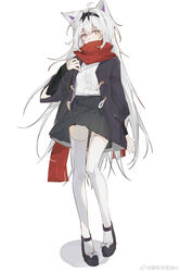  ahoge alternate_costume animal_ears black_coat black_footwear black_hairband black_skirt blush bow center-flap_bangs chinese_commentary coat commentary covered_mouth female footwear_bow full_body grey_eyes hairband heterochromia high_heels highres kylin_47 long_hair long_scarf looking_at_viewer no.21:_feral_scent_(punishing:_gray_raven) no.21_(punishing:_gray_raven) open_clothes open_coat pleated_skirt punishing:_gray_raven red_scarf scarf shadow shirt shirt_tucked_in shoes simple_background skirt solo standing tachi-e thighhighs very_long_hair weibo_logo weibo_watermark white_background white_hair white_shirt white_thighhighs zettai_ryouiki 