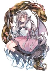  brown_hair dragon_girl dragon_horns dragon_tail dragon_wings female green_eyes heripiro highres horns long_hair long_sleeves looking_at_viewer original pointy_ears puffy_long_sleeves puffy_sleeves solo tail very_long_hair wings 