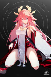  absurdres artist_name bare_shoulders black_background breasts closed_mouth commentary detached_sleeves female fox_shadow_puppet genshin_impact gradient_background hair_between_eyes highres kneeling long_hair long_sleeves looking_at_viewer medium_breasts one_eye_closed pink_hair purple_eyes red_skirt ribbon-trimmed_sleeves ribbon_trim shimmer shirt sideboob signature skirt sleeveless sleeveless_shirt solo symbol-only_commentary thighs very_long_hair white_sleeves wide_sleeves yae_miko 