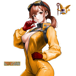  bakutotsu_kijuutei bodysuit breasts brown_eyes brown_hair copyright_name cowboy_shot female gloves goggles goggles_on_head hand_up highres long_sleeves medium_breasts medium_hair minamoto80486 parted_lips partially_unzipped ponytail red_gloves simple_background takky_(bakutotsu_kijuutei) white_background yellow_bodysuit zipper 