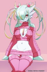  absurd_res accessory belly blonde_hair blush blush_lines bottomwear breasts cecilia_(peachcupp) chest_spike cleavage_cutout clothed clothing cutout facial_stickers female front_view gardevoir generation_3_pokemon green_hair hair hair_accessory hi_res humanoid legwear multicolored_hair navel nintendo not_furry peachcupp pink_clothing pokemon pokemon_(species) red_eyes simple_background skirt small_breasts solo spikes spikes_(anatomy) squiggle_mouth sweater thick_thighs thigh_highs topwear twintails_(hairstyle) underwear white_body white_skin wide_hips 