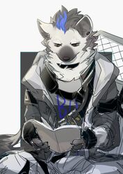  anthro arknights book candy dessert food hi_res hypergryph l0sskim lollipop male reading reading_book simple_background sitting solo source_request spot_(arknights) studio_montagne white_background 