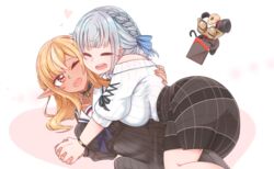  2girls black_choker blonde_hair braid breasts choker cleavage closed_eyes couple dark-skinned_female dark_elf dark_skin dress elf french_braid grey_dress grey_hair heart highres holding_hands hololive interlocked_fingers jewelry kintsuba_(shiranui_flare) large_breasts long_hair multicolored_hair multiple_girls off-shoulder_sweater off_shoulder official_alternate_costume official_alternate_hairstyle one_eye_closed open_mouth pendant pinstripe_dress pinstripe_pattern pointy_ears red_eyes ribbed_sweater ribbon sailor_collar shiranui_flare shiranui_flare_(street) shirogane_noel shirogane_noel_(casual) sidelocks skirt smile snowflake_choker snowflake_pendant starblame streaked_hair striped_clothes striped_dress sun_pendant sweater sweater_tucked_in vertical-striped_clothes vertical-striped_dress virtual_youtuber wavy_hair white_sweater yuri 