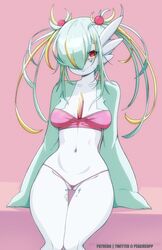  absurd_res accessory belly blonde_hair blush blush_lines breasts cecilia_(peachcupp) chest_spike clothed clothing facial_stickers female front_view gardevoir generation_3_pokemon green_hair hair hair_accessory hi_res humanoid multicolored_hair navel nintendo not_furry peachcupp pink_clothing pokemon pokemon_(species) red_eyes simple_background small_breasts solo spikes spikes_(anatomy) squiggle_mouth thick_thighs twintails_(hairstyle) underwear white_body white_skin wide_hips 