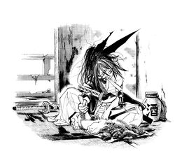  absurdres bandages barefoot biting blood blood_on_face bowl check_commentary chest_sarashi commentary commentary_request feet female fingernails greyscale hair_ribbon herb highres injury isekai_samurai katana messy_hair monochrome mortar_(bowl) official_art pestle ribbon saitou1218 sarashi scar scar_on_face scar_on_nose sheath sheathed soles solo spiked_hair sword tatami toenails toes tsukitsuba_ginko vase weapon white_background 