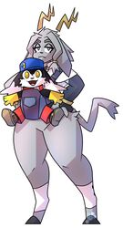  antlers baby_carrier bandai_namco better_version_at_source bovid caprine clothed clothing duo felid feline female floppy_ears fully_clothed gloves handwear hat headgear headwear hi_res horn hybrid jackalope klonoa klonoa_(series) lagomorph male mammal potoobrigham pseudoregalia pupils simple_background slit_pupils smile smiling_at_viewer standing sybil_(pseudoregalia) thick_thighs watermark white_background 