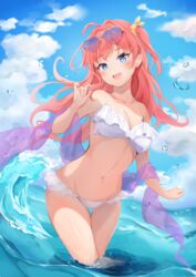  :d absurdres ahoge arm_at_side bare_shoulders bikini blue_eyes blue_sky blush breasts cleavage cloud cloudy_sky coeur collarbone day eyewear_on_head female floating_hair frilled_bikini frills groin hair_ornament hair_scrunchie hand_up head_tilt highres leaning_forward lishenna_omen_of_destruction long_hair looking_at_viewer medium_breasts navel one_side_up open_mouth outdoors red_hair scrunchie see-through shadowverse sky smile solo standing strap_gap sunglasses swimsuit thigh_gap wading water water_drop waves white_bikini 