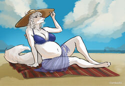  2024 4_toes 5_fingers anthro beach beach_towel belly big_belly bikini black_nose breasts canid canine carduelis cleavage clothed clothing feet female fingers fox fur hair hat headgear headwear hi_res hindpaw humanoid_hands mammal navel paws pregnant pregnant_anthro pregnant_female sand seaside signature smile solo sun_hat swimwear toes towel white_body white_fur white_hair 