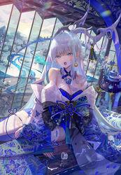  blue_eyes blue_kimono blue_nails blue_theme breath_weapon breathing_fire chinese_zodiac dragon_girl dragon_horns earrings female fire grey_hair highres horns indoors ito_lab japanese_clothes jewelry kimono magatama magatama_necklace nail_polish necklace obi open_clothes open_mouth original pointy_ears print_kimono red_pupils sash thighhighs two-tone_kimono white_hair white_thighhighs wide_sleeves year_of_the_dragon 