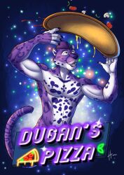  2022 abstract_background absurd_res anthro athletic athletic_anthro athletic_male barbell_piercing champion cheese dairy_products dated dugan_(dugantheblackpanther) fangs felid food front_view fruit fur glistening glistening_eyes hair hi_res hufnaar jaguar male male_anthro mammal markings nipple_barbell nipple_piercing nipples nude open_mouth pantherine piercing pizza plant purple_body purple_eyes purple_fur purple_hair purple_tongue sauce short_hair solo spots spotted_body spotted_fur teeth tomato tongue white_body white_fur 