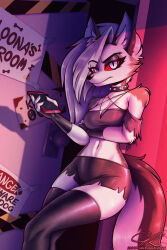  annoyed anthro armwear bottomwear breasts canid canid_demon canine canis cellphone cleavage clothed clothing collar crossed_arms demon door elbow_gloves electronics eyebrows female fingerless_gloves gloves handwear hellaverse hellhound helluva_boss hi_res leaning_against_wall legwear looking_at_viewer loona_(helluva_boss) mammal midriff mythological_canine mythological_creature mythology navel phone raised_eyebrow shorts smartphone solo spiked_collar spikes thigh_highs unnotablejulz wolf 