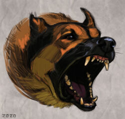  2020 alexpahomov black_markings black_nose brown_body brown_fur canid canine canis digital_drawing_(artwork) digital_media_(artwork) domestic_dog feral fur german_shepherd herding_dog hi_res mammal markings open_mouth pastoral_dog sharp_teeth solo tan_body tan_fur teeth 
