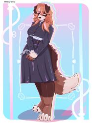  3:4 absurd_res anthro border_collie canid canine canis clothed clothing collie cosplay costume domestic_dog dress female fur hair hammer herding_dog hi_res holding_object mammal nobara_kugisaki pastoral_dog sarah_(corgipudding) sheepdog simple_background solo soyk3nun standing tail tools topwear weapon 
