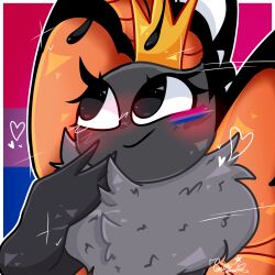  1:1 2026 2_antennae antennae_(anatomy) anthro arthropod bisexual_pride_colors black_antennae bodypaint butterfly cel_shading closed_smile crown digital_drawing_(artwork) digital_media_(artwork) face_paint female gazzlegoob grey_body hand_on_chin head_tuft headgear heart_symbol hi_res insect_wings insects lepidopteran lepidopteran_wings lgbt_pride lgbt_pride_month looking_up mirabelle_(honeycombcrown) monarch_butterfly mouth_closed multicolored_wings nude orange_wings pride_color_background pride_colors ruff shaded signature simple_background smile solo tuft wings 