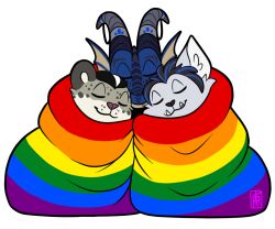  2026 alpha_channel anthro bedding blanket blizzard_entertainment canid cuddling dracthyr dragon european_mythology felid flag group khajiit kyanathal lgbt_pride lgbt_pride_month male male/male mammal microsoft mythological_creature mythological_scalie mythology palehorntea pantherine pride_color_flag pride_colors rainbow_flag rainbow_pride_flag rainbow_symbol reingarde scalie snow_leopard the_elder_scrolls trio umbrose warcraft werecanid werecreature western_dragon worgen 